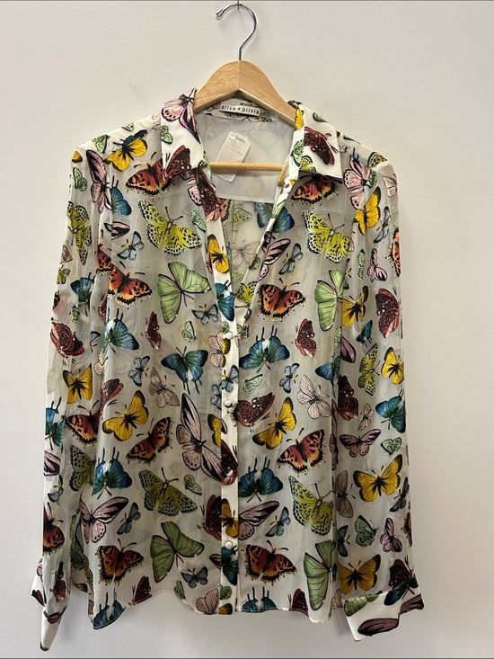 Alice + Olivia Tops - Alice + Olivia Sheer Butterfly-Print Button-Down Blouse - White Multicolor